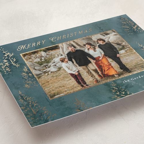 This is a blue spruce foil pressed holiday cards with foil pressed by Petra Kern called wintery printing on recycled smooth signature in standard