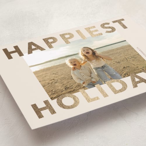 This is a eggnog foil pressed holiday cards with foil pressed by Angela Thompson called shiny holiday printing on recycled smooth signature in standard
