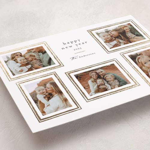 This is a snowflake foil pressed holiday cards with foil pressed by Jessica Williams called glimmering printing on recycled smooth signature in standard