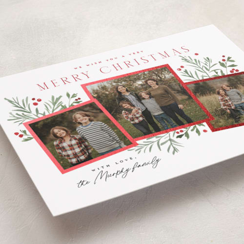 This is a peppermint foil pressed holiday cards with foil pressed by Everett Paper Goods called pine holly printing on recycled smooth signature in standard