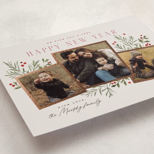 This is a sugar cookie foil pressed holiday cards with foil pressed by Everett Paper Goods called pine holly printing on recycled smooth signature in standard