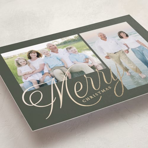 This is a pine foil pressed holiday cards with foil pressed by Brianne Larsen called scripted merry printing on recycled smooth signature in standard