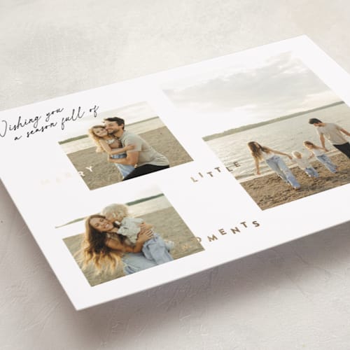 This is a snow foil pressed holiday cards with foil pressed by Robert and Stella called merry little moments printing on recycled smooth signature in standard