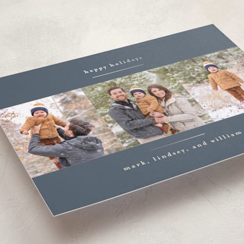 This is a blue spruce foil pressed holiday cards with foil pressed by Kate Ross called modern minimalist printing on recycled smooth signature in standard