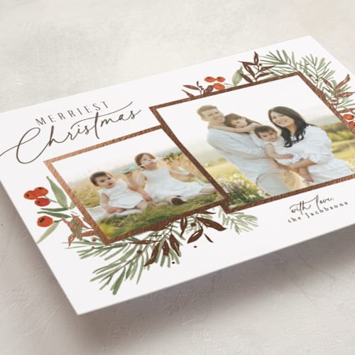 This is a brick foil pressed holiday cards with foil pressed by Everett Paper Goods called pine duo printing on recycled smooth signature in standard