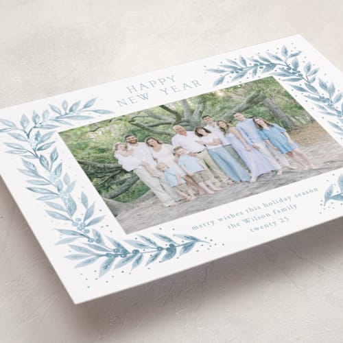 This is a glacier foil pressed holiday cards with foil pressed by Petra Kern called laurel evergreen printing on recycled smooth signature in standard
