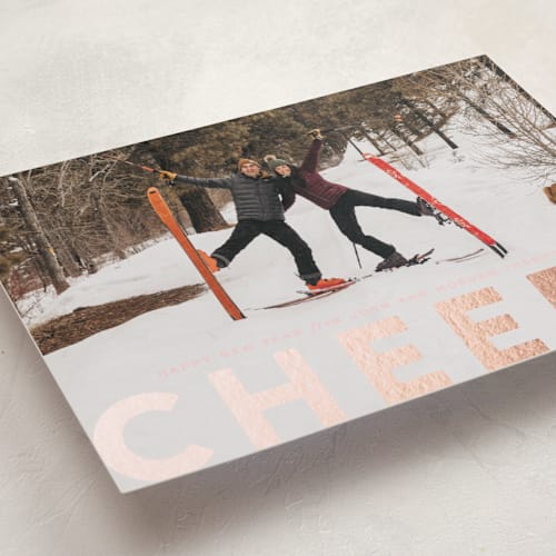 This is a bubblegum foil pressed holiday cards with foil pressed by Sara Hicks Malone called c h e e r s ! printing on recycled smooth signature in standard