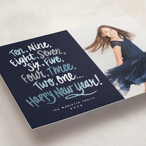 This is a midnight foil pressed holiday cards with foil pressed by Emily Sabol Goss called countdown! printing on recycled smooth signature in standard
