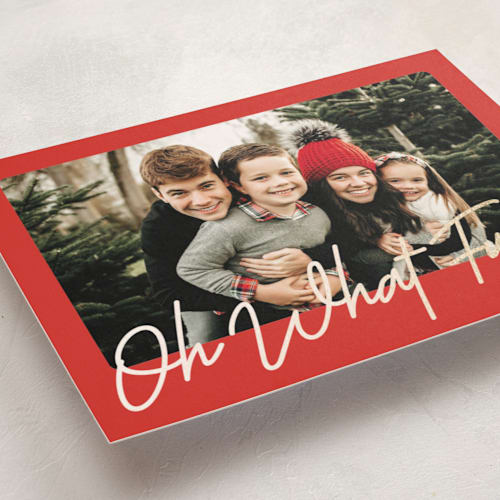 This is a crimson foil pressed holiday cards with foil pressed by Karidy Walker called oh what fun script printing on recycled smooth signature in standard