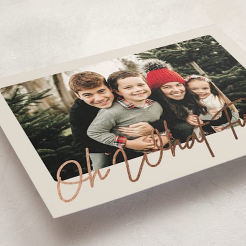 This is a linen foil pressed holiday cards with foil pressed by Karidy Walker called oh what fun script printing on recycled smooth signature in standard