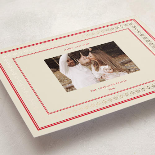 This is a crimson foil pressed holiday cards with foil pressed by Jen Ramsey called christmas sweater border printing on recycled smooth signature in standard