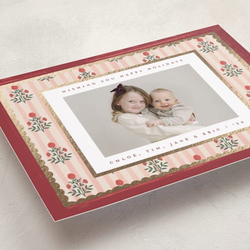 This is a berry foil pressed holiday cards with foil pressed by Teju Reval called block print frame printing on recycled smooth signature in standard
