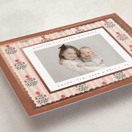 This is a fudge foil pressed holiday cards with foil pressed by Teju Reval called block print frame printing on recycled smooth signature in standard