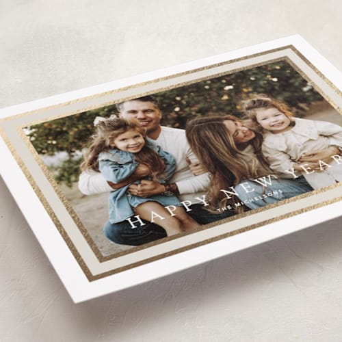 This is a vanilla foil pressed holiday cards with foil pressed by Stacey Meacham called layered frame printing on recycled smooth signature in standard