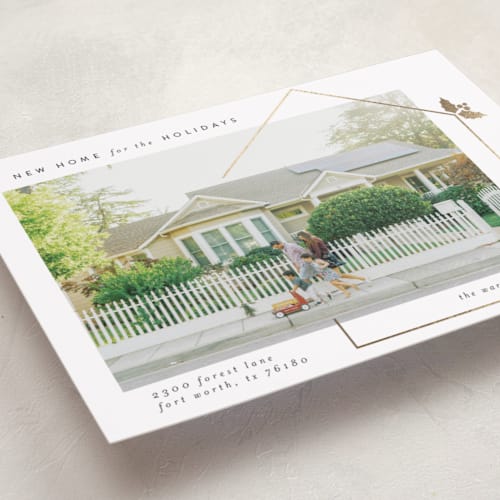 This is a light foil pressed holiday cards with foil pressed by Maja Cunningham called new home printing on recycled smooth signature in standard