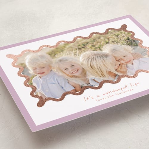 This is a sugar plum foil pressed holiday cards with foil pressed by Blustery August called party squiggle printing on recycled smooth signature in standard