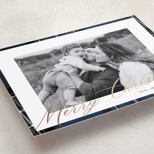 This is a navy foil pressed holiday cards with foil pressed by Cindy Reynolds called yule plaid printing on recycled smooth signature in standard