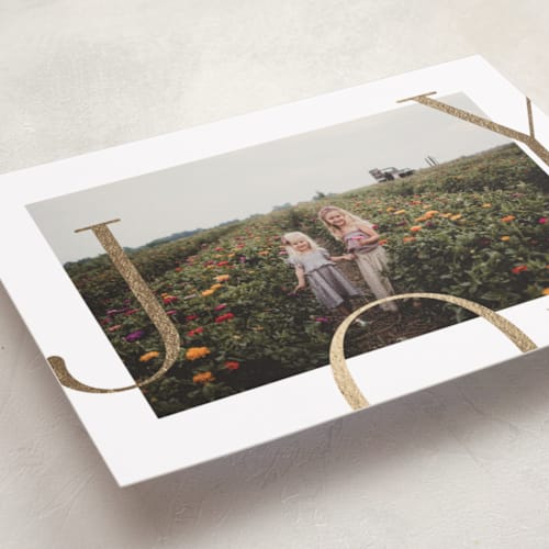 This is a snow foil pressed holiday cards with foil pressed by Brianne Larsen called joy border printing on recycled smooth signature in standard