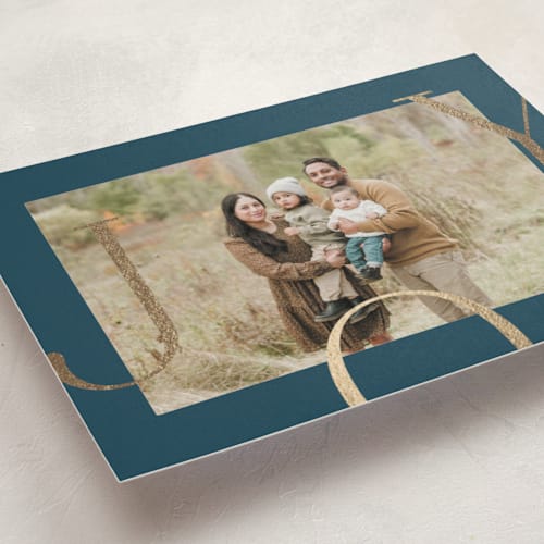 This is a night foil pressed holiday cards with foil pressed by Brianne Larsen called joy border printing on recycled smooth signature in standard