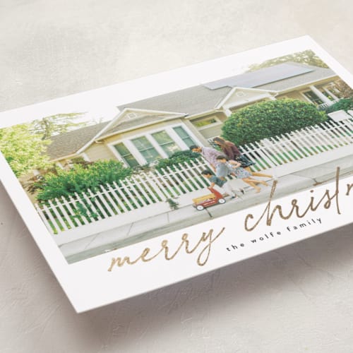 This is a marshmallow foil pressed holiday cards with foil pressed by Tamara Hilje called the merry printing on recycled smooth signature in standard