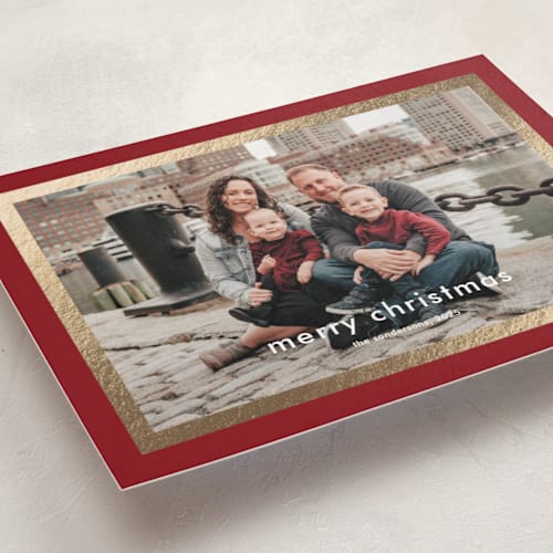 This is a poinsettia foil pressed holiday cards with foil pressed by Stacey Meacham called modern details printing on recycled smooth signature in standard
