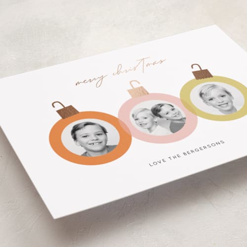 This is a retro foil pressed holiday cards with foil pressed by Itsy Belle Studio called baubles printing on recycled smooth signature in standard