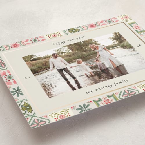 This is a vanilla foil pressed holiday cards with foil pressed by Makewells called tiles printing on recycled smooth signature in standard