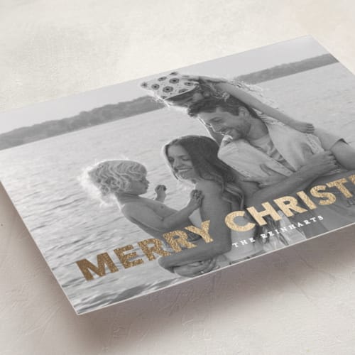 This is a linen foil pressed holiday cards with foil pressed by Angela Thompson called gilded printing on recycled smooth signature in standard
