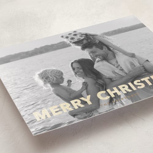 This is a champagne foil pressed holiday cards with foil pressed by Angela Thompson called gilded printing on recycled smooth signature in standard