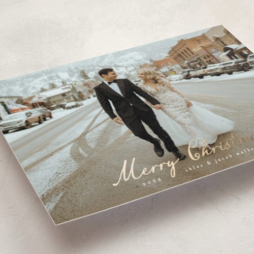 This is a snow foil pressed holiday cards with foil pressed by Ashley Iwafuchi called winter greetings printing on recycled smooth signature in standard