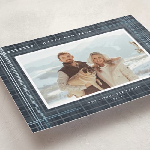 This is a navy foil pressed holiday cards with foil pressed by Wildfield Paper Co called flannel printing on recycled smooth signature in standard