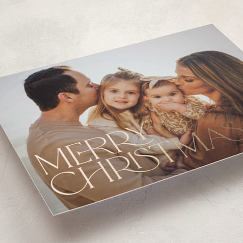 This is a snow foil pressed holiday cards with foil pressed by Pink House Press called stacked merry printing on recycled smooth signature in standard