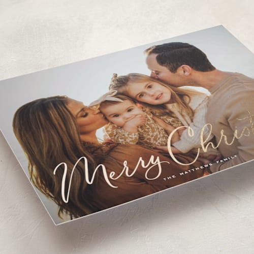 This is a sugar foil pressed holiday cards with foil pressed by Rebecca Durflinger called christmastime printing on recycled smooth signature in standard