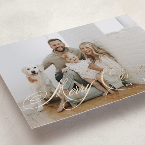 This is a snow foil pressed holiday cards with foil pressed by Ilze Lucero called stunningly scripted printing on recycled smooth signature in standard