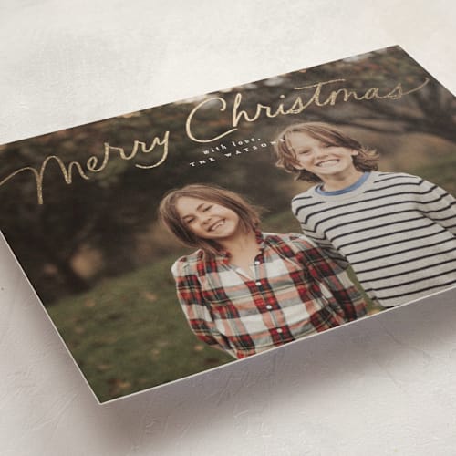This is a marshmallow foil pressed holiday cards with foil pressed by Everett Paper Goods called simply delighted printing on recycled smooth signature in standard