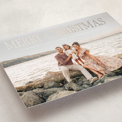 This is a snow foil pressed holiday cards with foil pressed by Ashlee Townsend called the largest merry printing on recycled smooth signature in standard