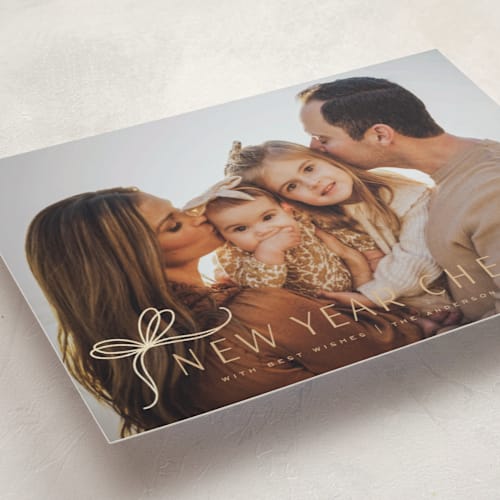 This is a champagne foil pressed holiday cards with foil pressed by Yuliya Evseeva called cute bow printing on recycled smooth signature in standard