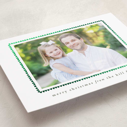 This is a evergreen foil pressed holiday cards with foil pressed by Sara Hicks Malone called hand drawn scallop printing on recycled smooth signature in standard