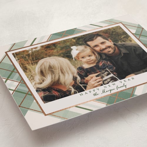 This is a vanilla foil pressed holiday cards with foil pressed by Petra Kern called fancy plaid printing on recycled smooth signature in standard