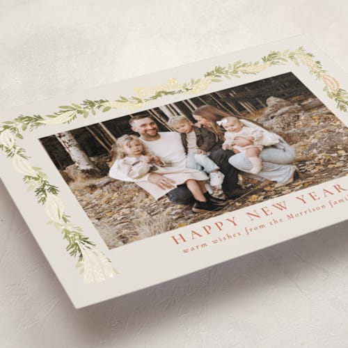 This is a clementine foil pressed holiday cards with foil pressed by Petra Kern called festival printing on recycled smooth signature in standard