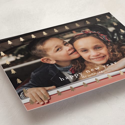 This is a snow foil pressed holiday cards with foil pressed by Stacey Meacham called christmas tree frame printing on recycled smooth signature in standard