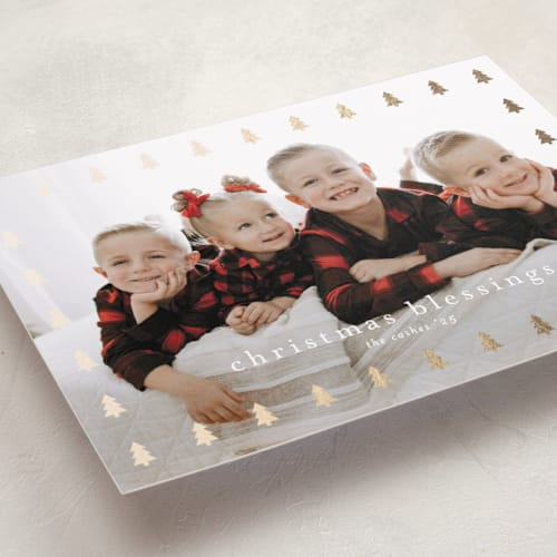 This is a snow foil pressed holiday cards with foil pressed by Stacey Meacham called christmas tree frame printing on recycled smooth signature in standard