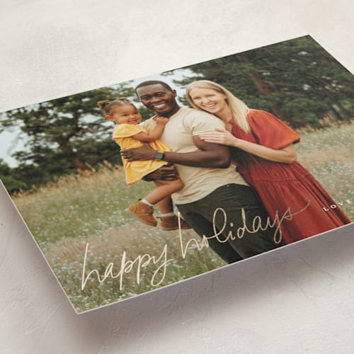 This is a snow foil pressed holiday cards with foil pressed by Up Up Creative called handwritten note printing on recycled smooth signature in standard
