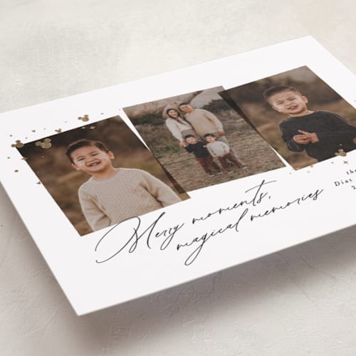 This is a star foil pressed holiday cards with foil pressed by Lea Delaveris called merry moments magical memories printing on recycled smooth signature in standard