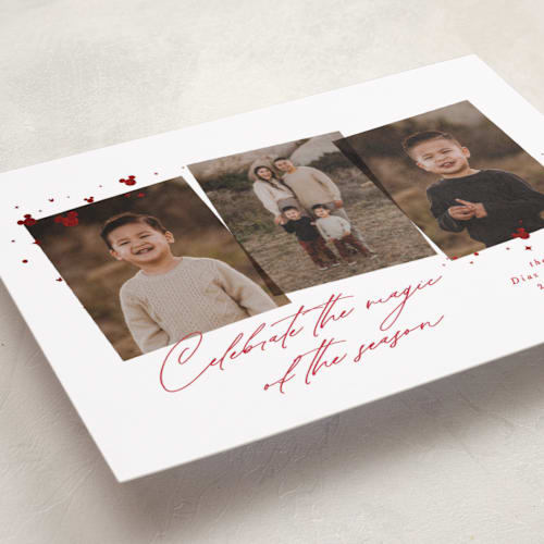 This is a scarlet foil pressed holiday cards with foil pressed by Lea Delaveris called merry moments magical memories printing on recycled smooth signature in standard