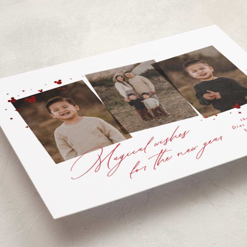 This is a scarlet foil pressed holiday cards with foil pressed by Lea Delaveris called merry moments magical memories printing on recycled smooth signature in standard