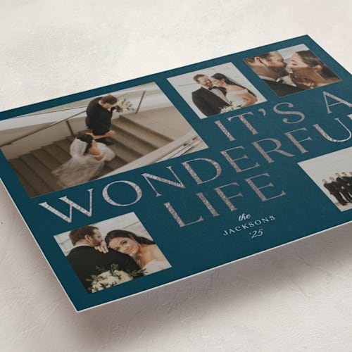 This is a midnight foil pressed holiday cards with foil pressed by Paula Pecevich called it's a wonderful life printing on recycled smooth signature in standard
