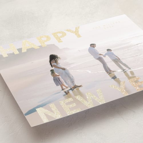 This is a champagne foil pressed holiday cards with foil pressed by Angela Thompson called modern type printing on recycled smooth signature in standard