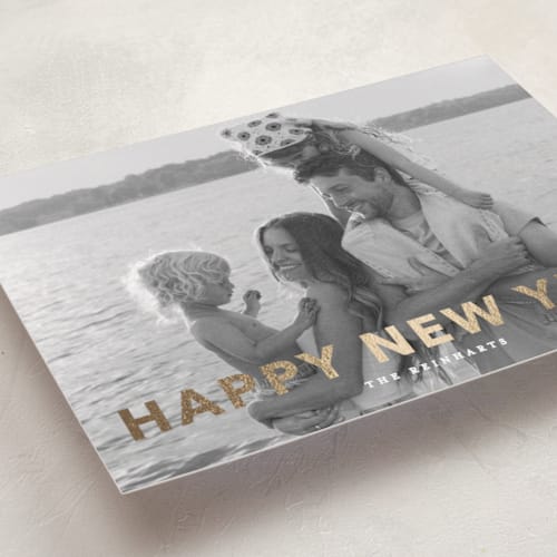 This is a linen foil pressed holiday cards with foil pressed by Angela Thompson called gilded printing on recycled smooth signature in standard
