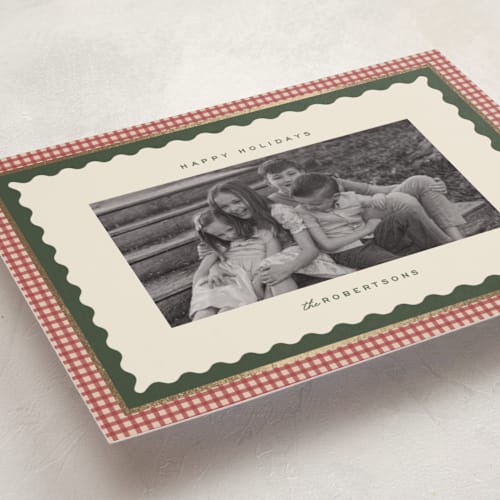 This is a cranberry foil pressed holiday cards with foil pressed by Ellen Schlegelmilch called gingham layers printing on recycled smooth signature in standard